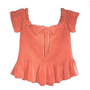 BCBGeneration Off the Shoulder smoked crop Top